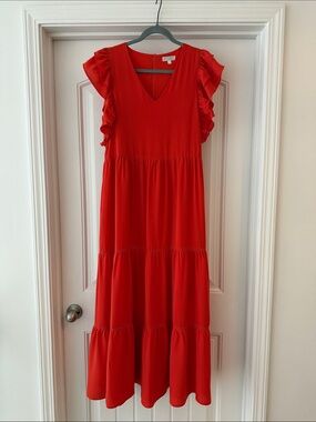Red Orange Ruffle Sleeve Maxi Dress - Women